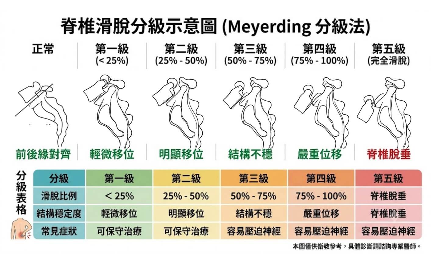 脊椎滑脫以位移或脫垂等症狀分為五個等級